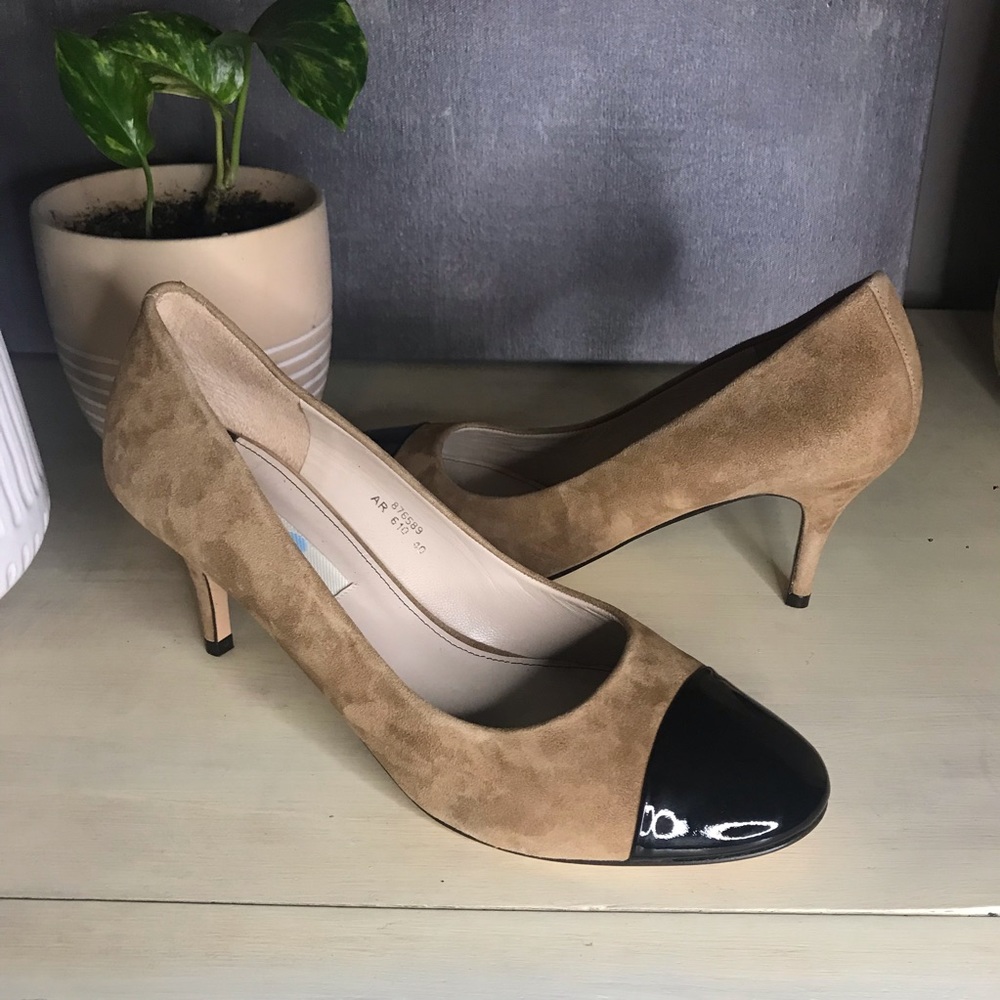 Boden Black & Tan Suede Patent Leather Cap Toe Pumps 8.5